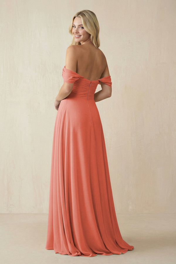 Off - the - Shoulder Chiffon A - Line Long Bridesmaid Dress in Wild Rose - KISS BRIDAL Bridesmaid Dresses