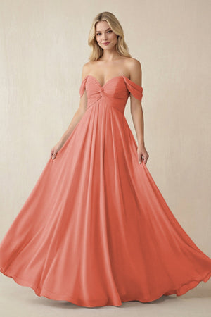 Off - the - Shoulder Chiffon A - Line Long Bridesmaid Dress in Wild Rose - KISS BRIDAL Bridesmaid Dresses