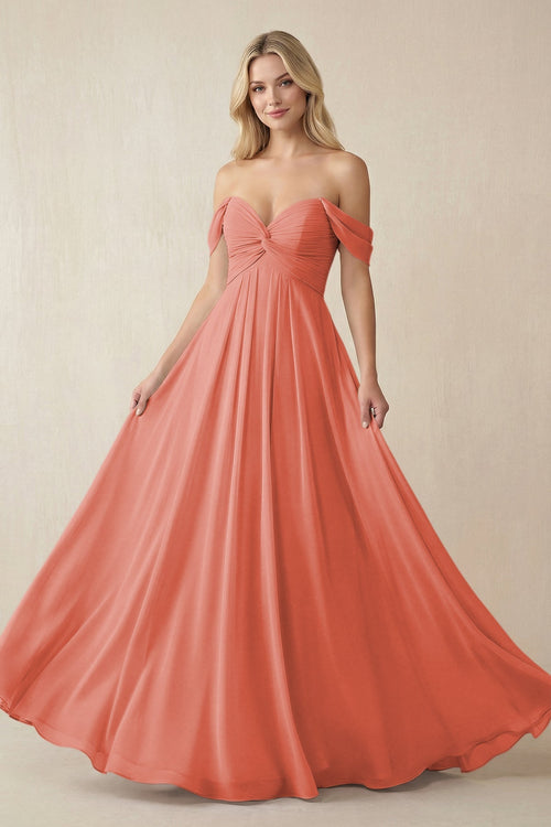 Off - the - Shoulder Chiffon A - Line Long Bridesmaid Dress in Wild Rose - KISS BRIDAL Bridesmaid Dresses