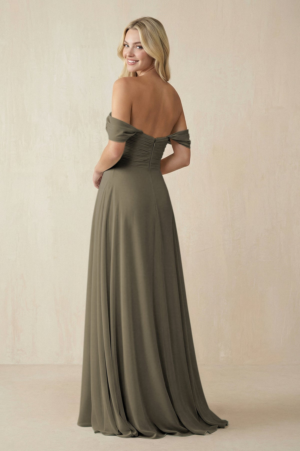 Off - the - Shoulder Chiffon A - Line Long Bridesmaid Dress in Willow Green - SHE IS ME Bridesmaid Dresses