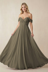Off - the - Shoulder Chiffon A - Line Long Bridesmaid Dress in Willow Green - KISS BRIDAL Bridesmaid Dresses