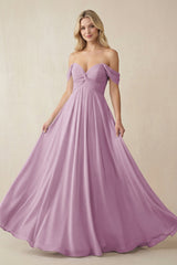 Off - the - Shoulder Chiffon A - Line Long Bridesmaid Dress in Wisteria - KISS BRIDAL Bridesmaid Dresses