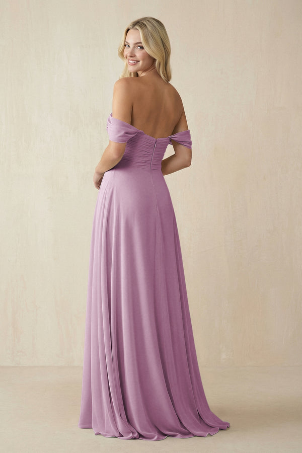 Off - the - Shoulder Chiffon A - Line Long Bridesmaid Dress in Wisteria - KISS BRIDAL Bridesmaid Dresses