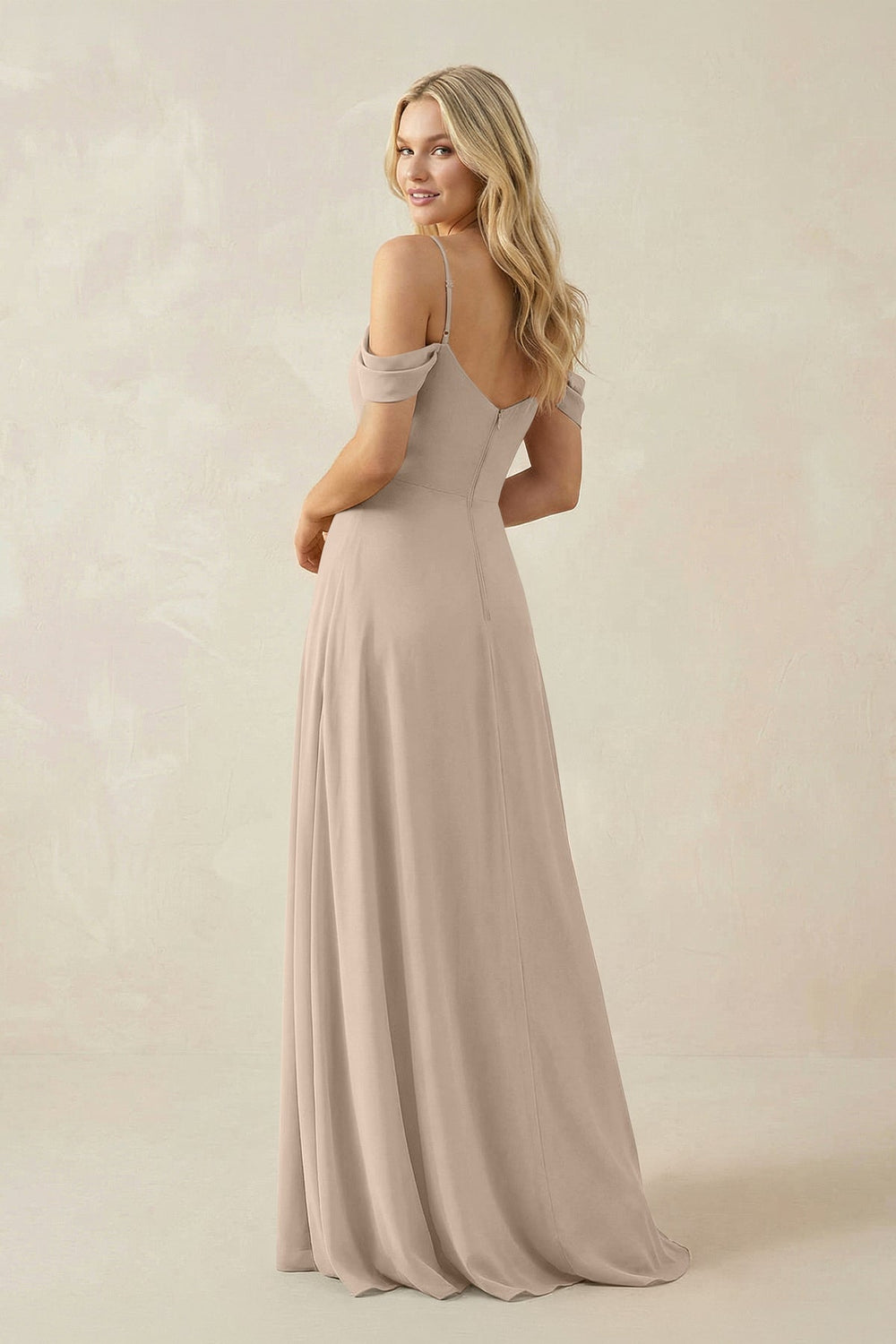 Off - the - Shoulder Chiffon A - Line Maxi Bridesmaid Dress in Almond - KISS BRIDAL Bridesmaid Dresses
