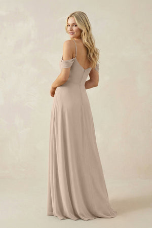 Off - the - Shoulder Chiffon A - Line Maxi Bridesmaid Dress in Almond - SHE IS ME Bridesmaid Dresses