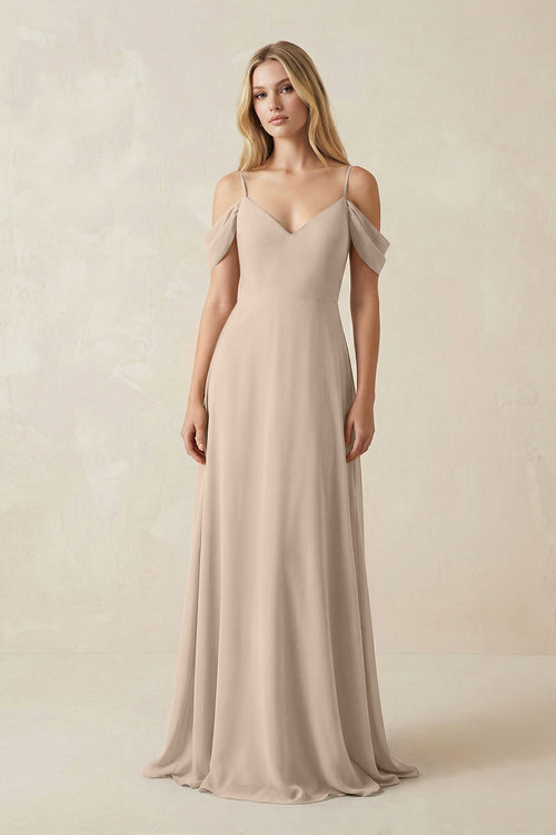 Off - the - Shoulder Chiffon A - Line Maxi Bridesmaid Dress in Almond - SHE IS ME Bridesmaid Dresses