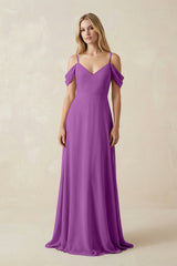 Off - the - Shoulder Chiffon A - Line Maxi Bridesmaid Dress in Amethyst - KISS BRIDAL Bridesmaid Dresses