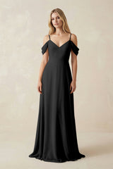 Off - the - Shoulder Chiffon A - Line Maxi Bridesmaid Dress in Black - KISS BRIDAL Bridesmaid Dresses
