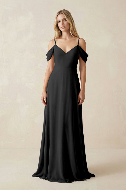 Off - the - Shoulder Chiffon A - Line Maxi Bridesmaid Dress in Black - SHE IS ME Bridesmaid Dresses