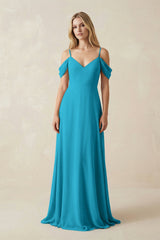 Off - the - Shoulder Chiffon A - Line Maxi Bridesmaid Dress in Blue Jay - KISS BRIDAL Bridesmaid Dresses