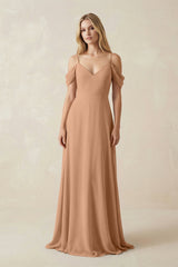 Off - the - Shoulder Chiffon A - Line Maxi Bridesmaid Dress in Bronzer - KISS BRIDAL Bridesmaid Dresses