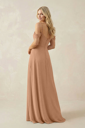 Off - the - Shoulder Chiffon A - Line Maxi Bridesmaid Dress in Bronzer - SHE IS ME Bridesmaid Dresses