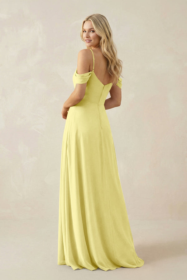 Off - the - Shoulder Chiffon A - Line Maxi Bridesmaid Dress in Buttercup - SHE IS ME Bridesmaid Dresses