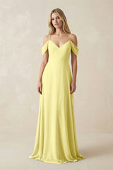 Off - the - Shoulder Chiffon A - Line Maxi Bridesmaid Dress in Buttercup - KISS BRIDAL Bridesmaid Dresses