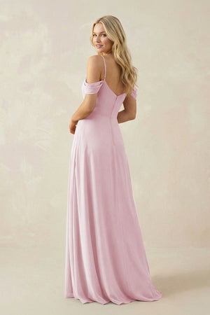 Off - the - Shoulder Chiffon A - Line Maxi Bridesmaid Dress in Candy Pink - SHE IS ME Bridesmaid Dresses