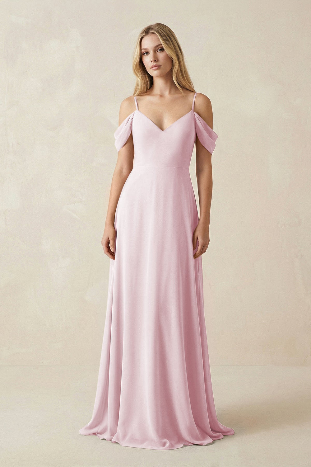 Off - the - Shoulder Chiffon A - Line Maxi Bridesmaid Dress in Candy Pink - KISS BRIDAL Bridesmaid Dresses