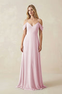 Off - the - Shoulder Chiffon A - Line Maxi Bridesmaid Dress in Candy Pink - SHE IS ME Bridesmaid Dresses