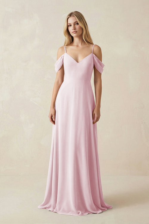 Off - the - Shoulder Chiffon A - Line Maxi Bridesmaid Dress in Candy Pink - SHE IS ME Bridesmaid Dresses