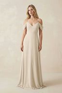 Off - the - Shoulder Chiffon A - Line Maxi Bridesmaid Dress in Champagne - SHE IS ME Bridesmaid Dresses