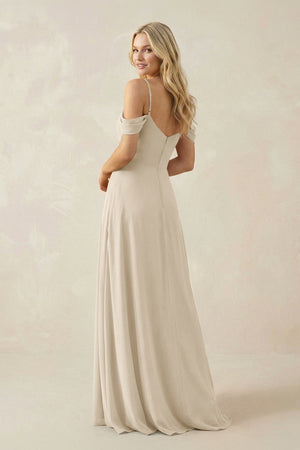 Off - the - Shoulder Chiffon A - Line Maxi Bridesmaid Dress in Champagne - SHE IS ME Bridesmaid Dresses