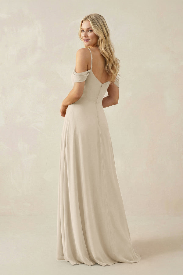 Off - the - Shoulder Chiffon A - Line Maxi Bridesmaid Dress in Champagne - SHE IS ME Bridesmaid Dresses