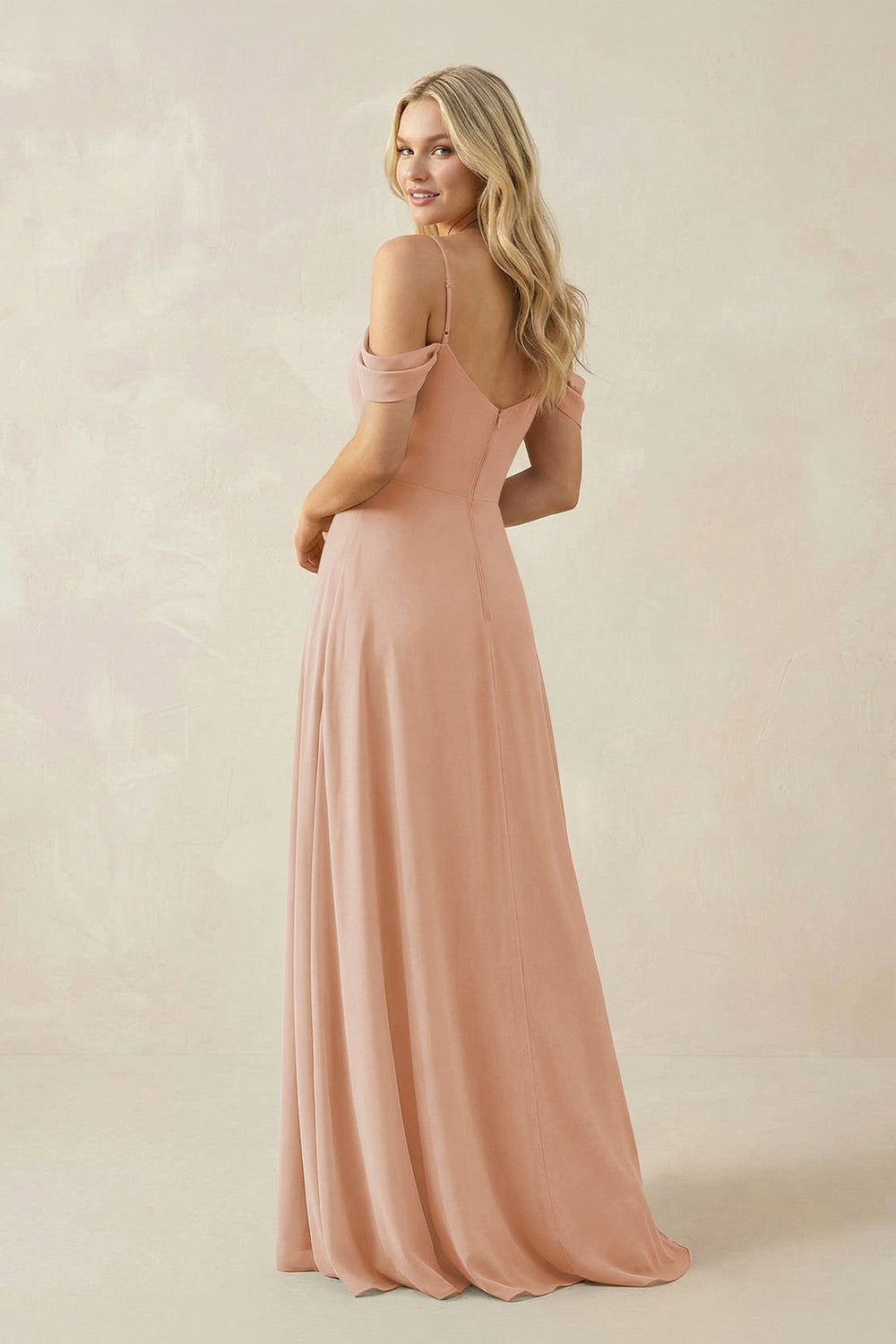 Off - the - Shoulder Chiffon A - Line Maxi Bridesmaid Dress in Champagne Rose - KISS BRIDAL Bridesmaid Dresses