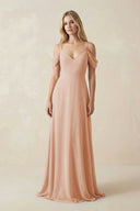 Off - the - Shoulder Chiffon A - Line Maxi Bridesmaid Dress in Champagne Rose - SHE IS ME Bridesmaid Dresses