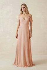 Off - the - Shoulder Chiffon A - Line Maxi Bridesmaid Dress in Champagne Rose - KISS BRIDAL Bridesmaid Dresses