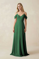 Off - the - Shoulder Chiffon A - Line Maxi Bridesmaid Dress in Dark Green - SHE IS ME Bridesmaid Dresses