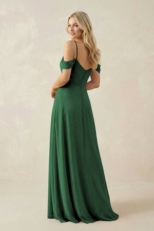 Off - the - Shoulder Chiffon A - Line Maxi Bridesmaid Dress in Dark Green - SHE IS ME Bridesmaid Dresses