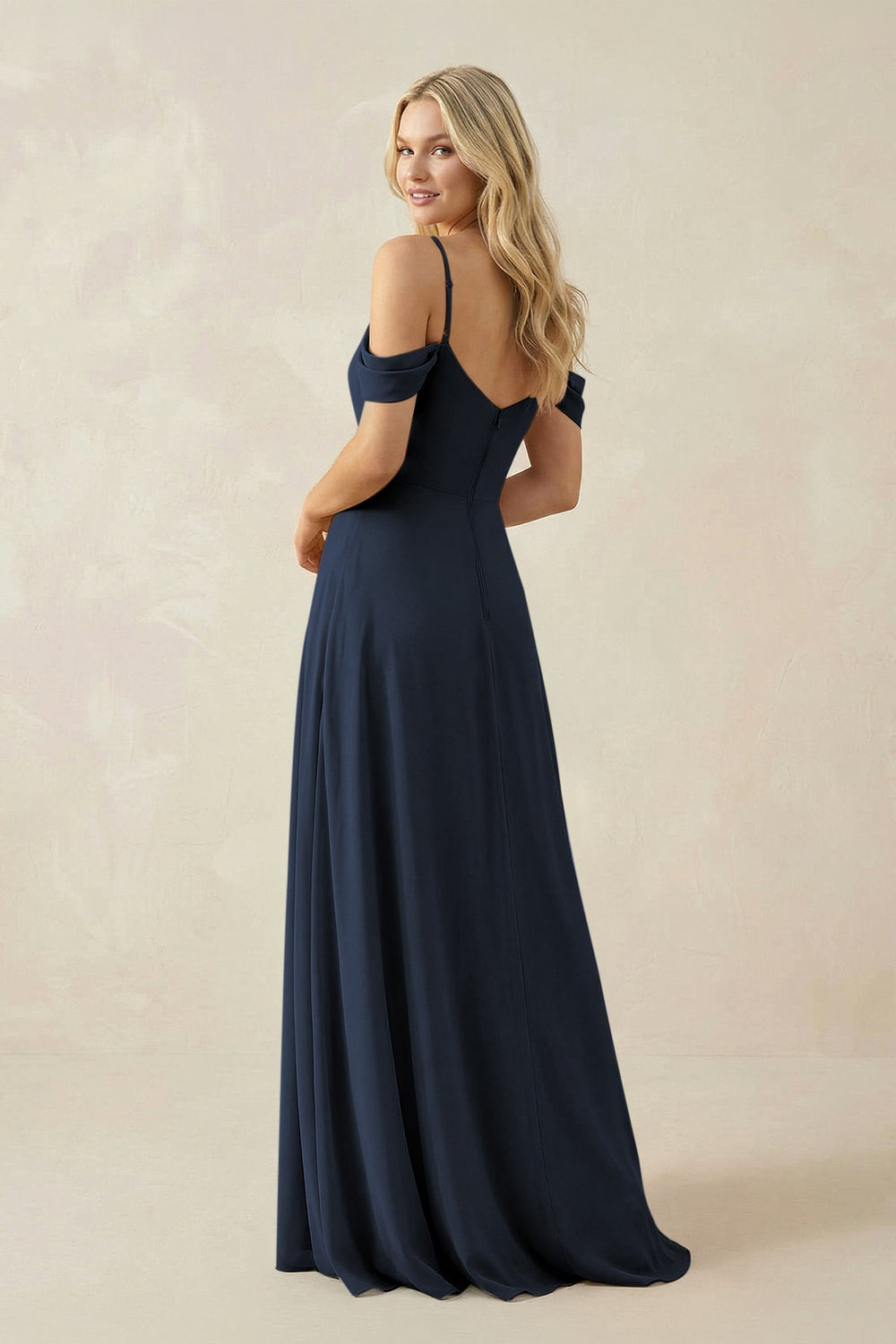 Off - the - Shoulder Chiffon A - Line Maxi Bridesmaid Dress in Dark Navy - SHE IS ME Bridesmaid Dresses