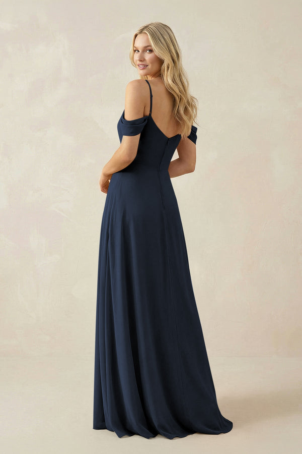 Off - the - Shoulder Chiffon A - Line Maxi Bridesmaid Dress in Dark Navy - SHE IS ME Bridesmaid Dresses