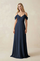 Off - the - Shoulder Chiffon A - Line Maxi Bridesmaid Dress in Dark Navy - KISS BRIDAL Bridesmaid Dresses