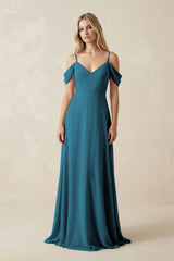 Off - the - Shoulder Chiffon A - Line Maxi Bridesmaid Dress in Dark Teal - KISS BRIDAL Bridesmaid Dresses