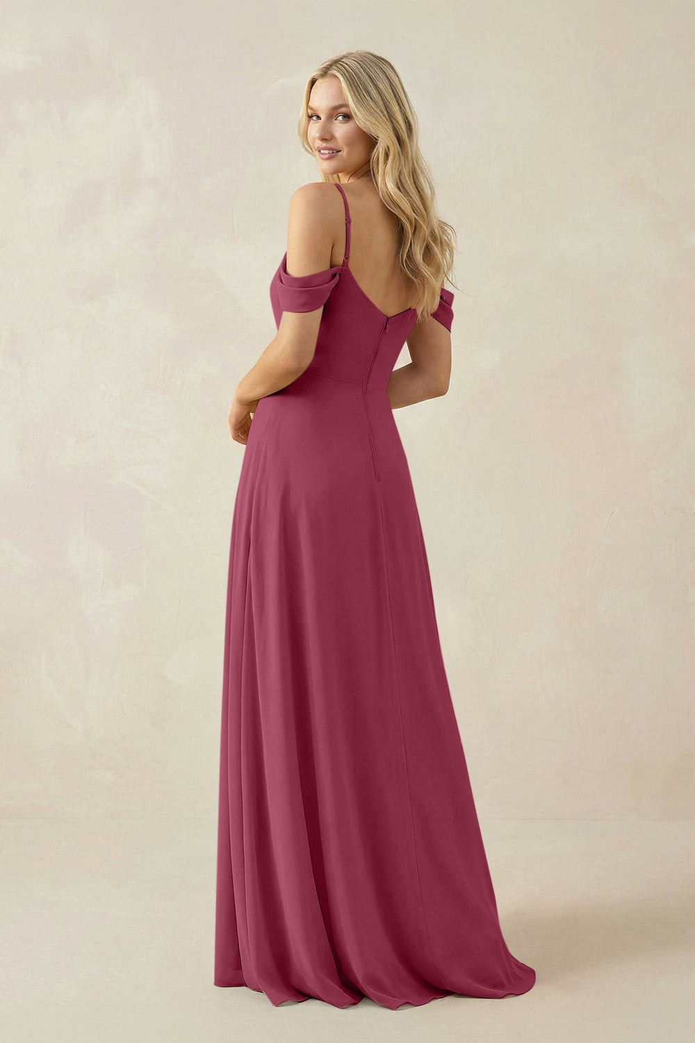 Off - the - Shoulder Chiffon A - Line Maxi Bridesmaid Dress in Desert Rose - SHE IS ME Bridesmaid Dresses