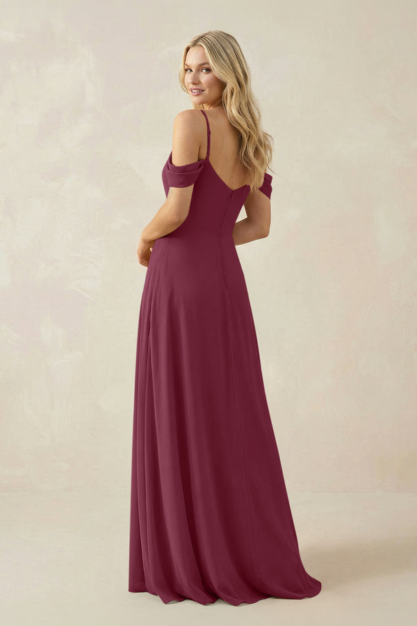 Off-the-Shoulder Chiffon A-Line Maxi Bridesmaid Dress in Desert Rose (2) | KISSBRIDAL