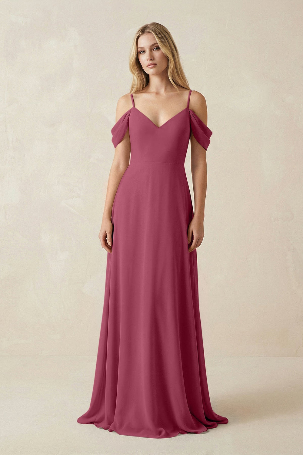 Off - the - Shoulder Chiffon A - Line Maxi Bridesmaid Dress in Desert Rose - SHE IS ME Bridesmaid Dresses