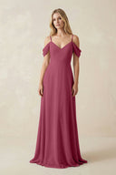 Off - the - Shoulder Chiffon A - Line Maxi Bridesmaid Dress in Desert Rose - SHE IS ME Bridesmaid Dresses