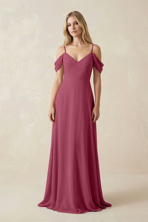 Off - the - Shoulder Chiffon A - Line Maxi Bridesmaid Dress in Desert Rose - SHE IS ME Bridesmaid Dresses