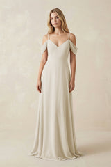Off - the - Shoulder Chiffon A - Line Maxi Bridesmaid Dress in Dove Gray - KISS BRIDAL Bridesmaid Dresses