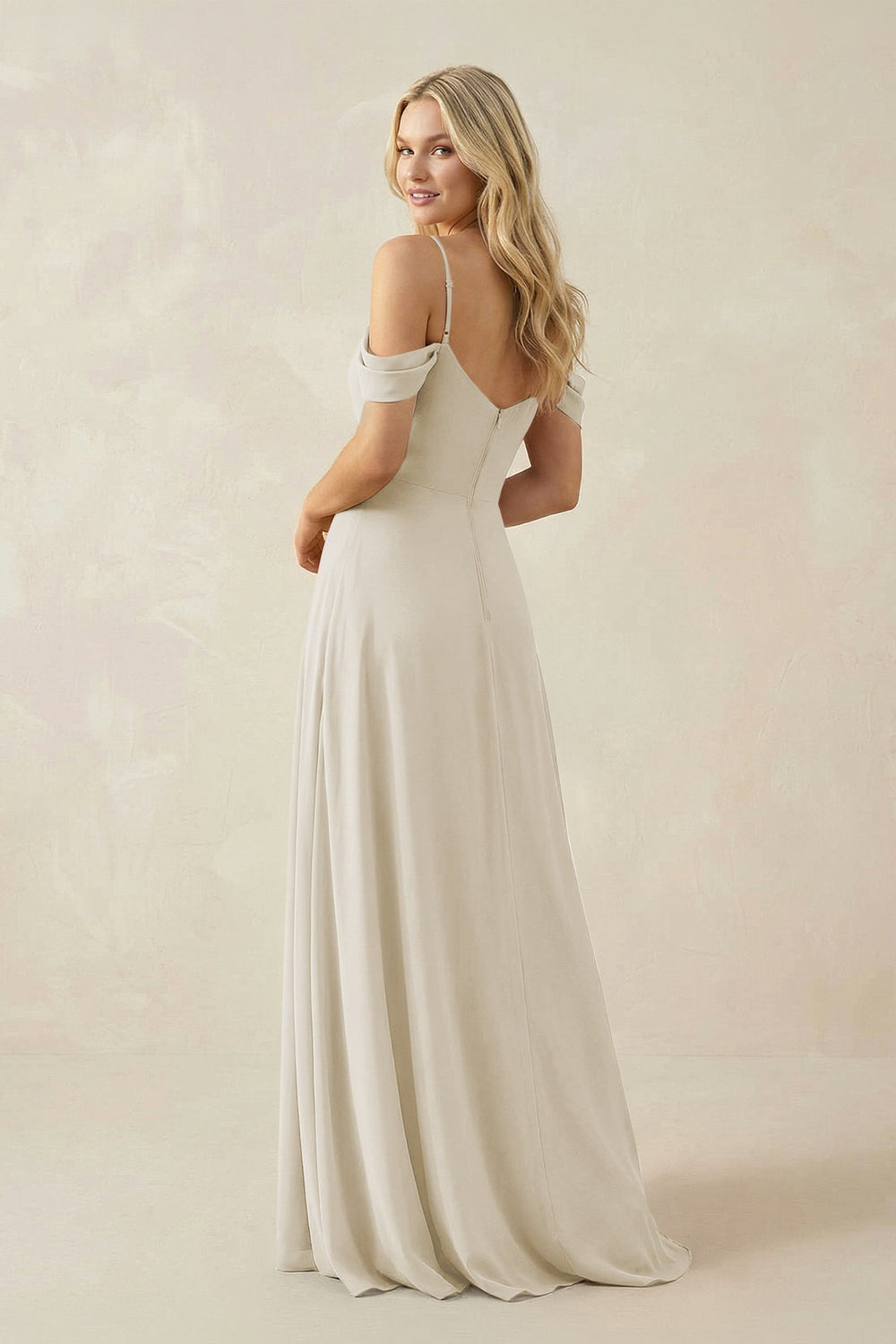 Off - the - Shoulder Chiffon A - Line Maxi Bridesmaid Dress in Dove Gray - SHE IS ME Bridesmaid Dresses
