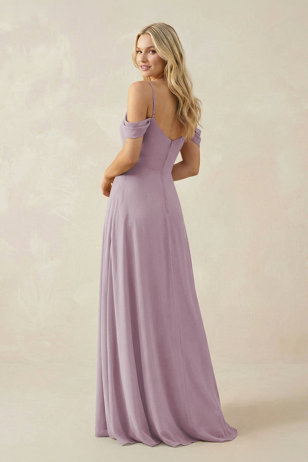 Off - the - Shoulder Chiffon A - Line Maxi Bridesmaid Dress in Dusk - SHE IS ME Bridesmaid Dresses