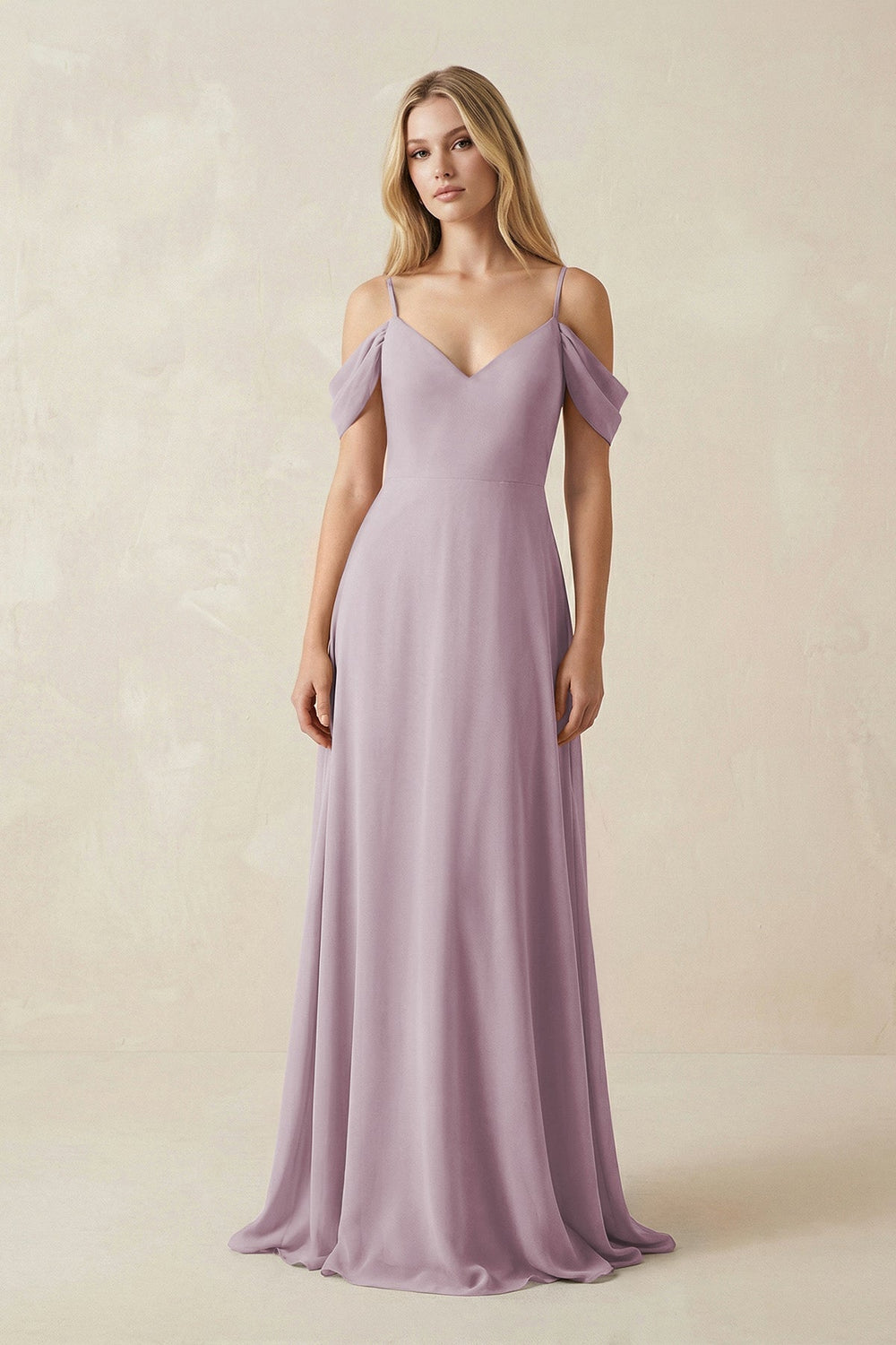 Off - the - Shoulder Chiffon A - Line Maxi Bridesmaid Dress in Dusk - SHE IS ME Bridesmaid Dresses