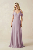 Off - the - Shoulder Chiffon A - Line Maxi Bridesmaid Dress in Dusk - SHE IS ME Bridesmaid Dresses