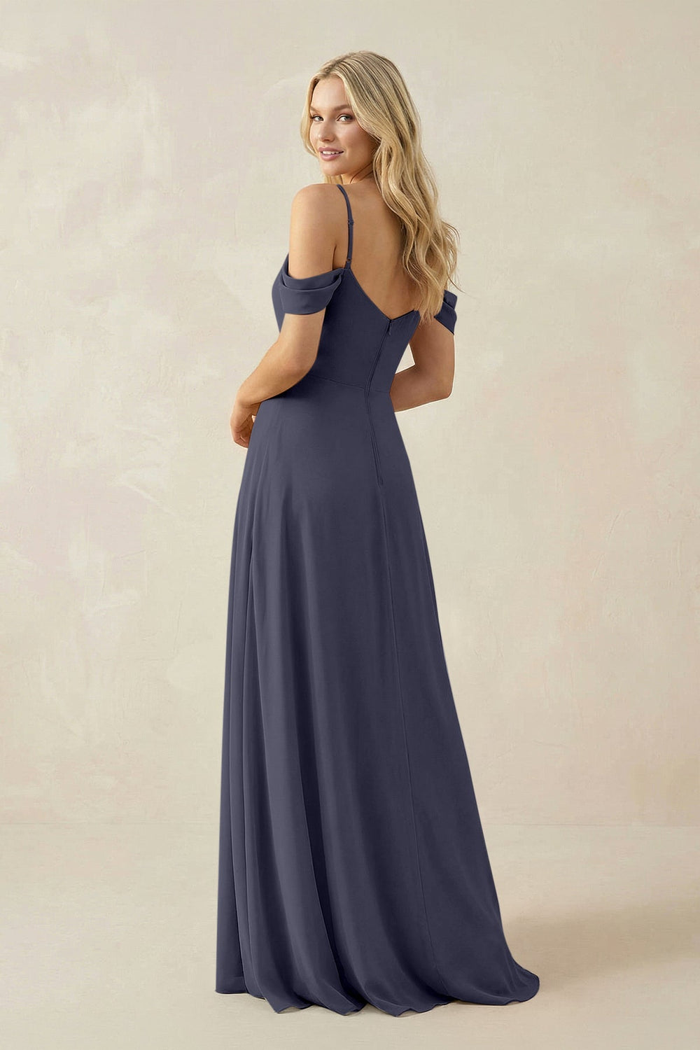 Off - the - Shoulder Chiffon A - Line Maxi Bridesmaid Dress in Dusk Blue - SHE IS ME Bridesmaid Dresses