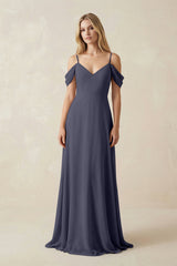 Off - the - Shoulder Chiffon A - Line Maxi Bridesmaid Dress in Dusk Blue - KISS BRIDAL Bridesmaid Dresses