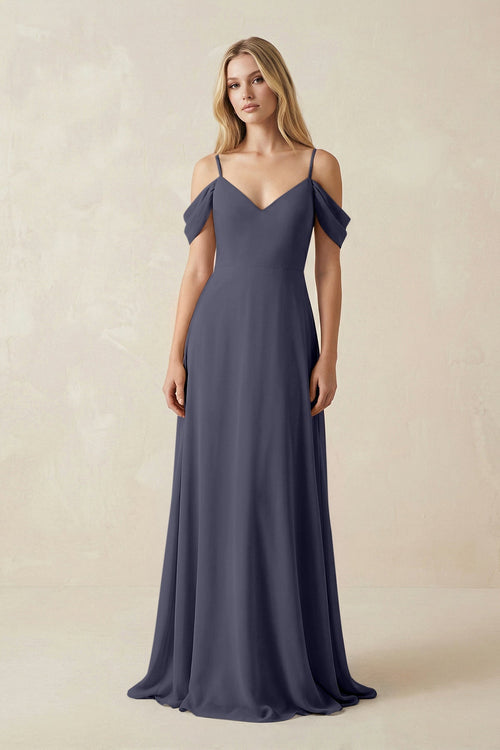 Off - the - Shoulder Chiffon A - Line Maxi Bridesmaid Dress in Dusk Blue - SHE IS ME Bridesmaid Dresses