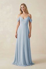 Off - the - Shoulder Chiffon A - Line Maxi Bridesmaid Dress in Dusty Blue - KISS BRIDAL Bridesmaid Dresses