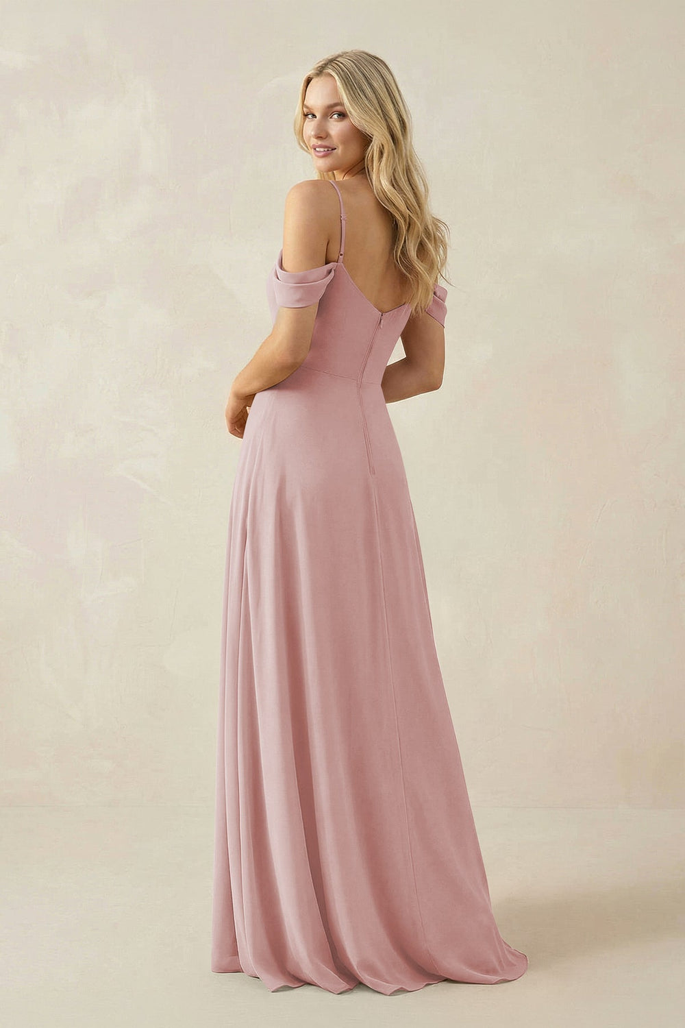 Off - the - Shoulder Chiffon A - Line Maxi Bridesmaid Dress in Dusty Rose - KISS BRIDAL Bridesmaid Dresses