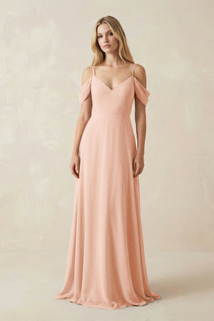 Off - the - Shoulder Chiffon A - Line Maxi Bridesmaid Dress in English Rose - SHE IS ME Bridesmaid Dresses